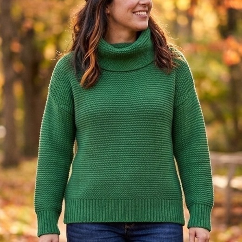VICI Green Cowl Neck Chunky Knit Sweater Emerald Garter Stitch Pullover Medium